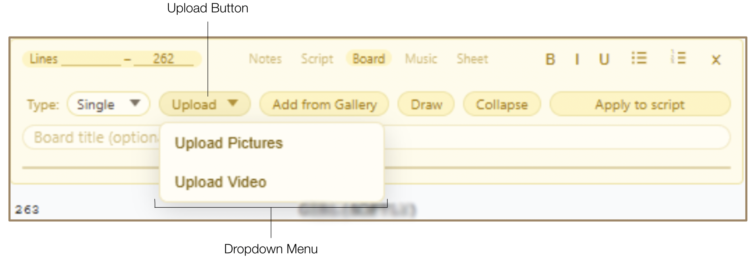 Board injection showing the Upload dropdown and Add from Gallery options for importing visuals